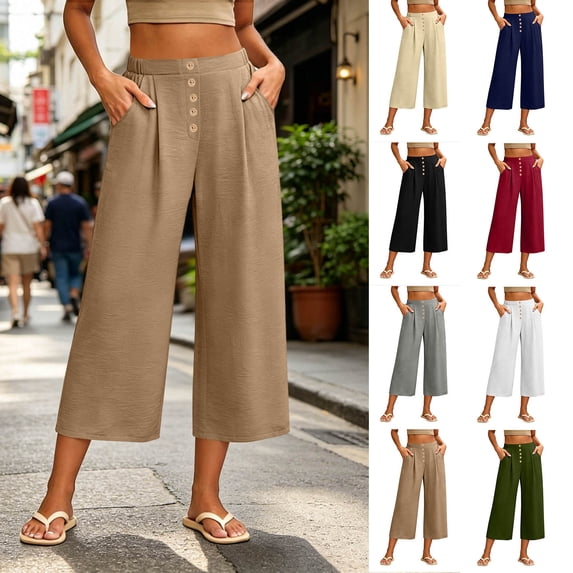 Women's Soft Fabric Elastic Waist Wide Leg Cropped Pants, Relaxed Fit ...