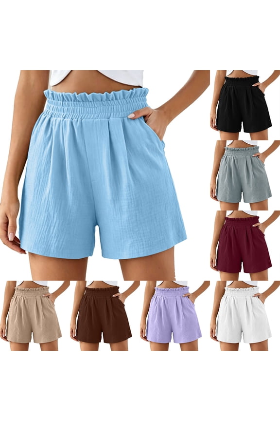 Women's Soft Fabric Flowy Summer Shorts, High Waisted Ruffled Paperbag Trim Accent, Functional Side Pockets Lightweight Breathable Mesh Matrix, Summer Beachwear Daily Casual Vacation | Velmuse