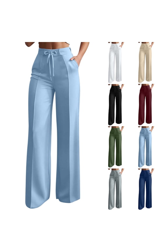 Women's Soft Fabric High Waist Wide Leg Casual Pants, Drawstring Elastic Waist with Tummy Control, Straight Leg Side Pockets, Work and Leisure Relaxed Fit Comfy Knit | TruHer,Navy XL