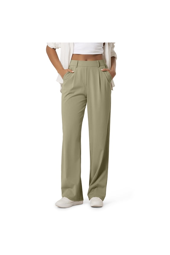Women's Soft Fabric High Waisted Wide Leg Work Pants, Stretchy Elastic Waist Pleated Pull On Trousers with Pockets, Business Casual Loose Fit Dress Pants for Office, | TruBelle,Khaki S