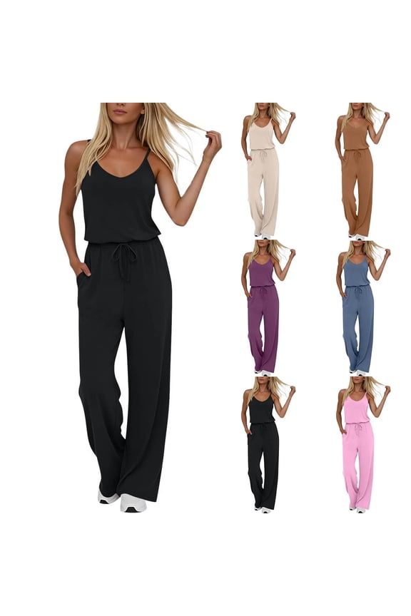 Women's Soft Fabric Long Jumpsuit with Pockets, Mid Elastic Waist, Sleeveless V-Neck, Casual Lounge Travel Summer Beach, Womens Jumpsuit | VerBelle,Purple M