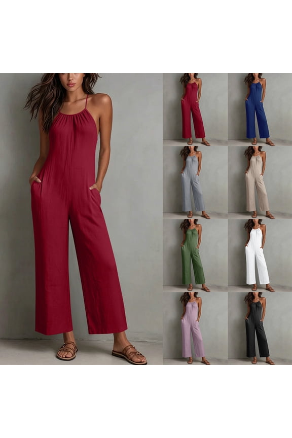 Women's Soft Fabric Loose Fit Jumpsuit, Mid Elastic Waist With Zipper, Solid Color Casual, Lounge Summer Office Wear, Womens Jumpsuit | VerBelle,Black S