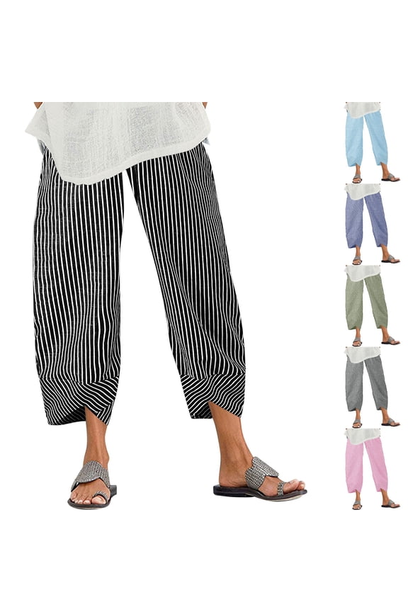 Women's Soft Fabric Loose Fit Straight Leg Capris, Button & Elastic Waist with Tummy Control, Mid Rise, Comfortable, Casual Summer Daily Wear, Versatile Cropped | TruHer,Black L