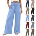 thumbnail image 1 of Women's Soft Fabric Loose Fit Straight Leg Casual Pants, Pull On Elastic Waist Tummy Control Mid Waisted, Lightweight Solid Color Functional Pockets, Versatile for Work | TruBelle,Blue S, 1 of 9