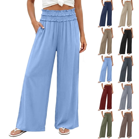 Women's Soft Fabric Loose Fit Straight Leg Casual Pants, Pull On Elastic Waist Tummy Control Mid Waisted, Lightweight Solid Color Functional Pockets, Versatile for Work | TruBelle,Blue S