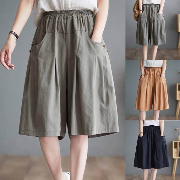 Women's Soft Fabric Mid Elastic Waist Capris with Pockets, Straight Leg Cropped Pants, Casual Comfortable Summer Beach Workout Pants | VerBelle,Khaki XL
