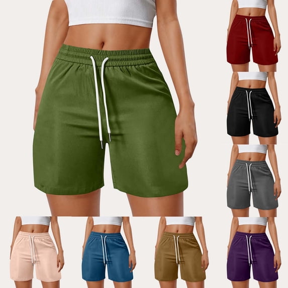 Women's Soft Fabric Mid Waist Shorts with Elastic Waistband Drawstring, Tummy Control Slimming Fit, Side Pockets, Casual Beach Daily Summer Wear, Comfortable Stretch | TruBelle,Army Green L