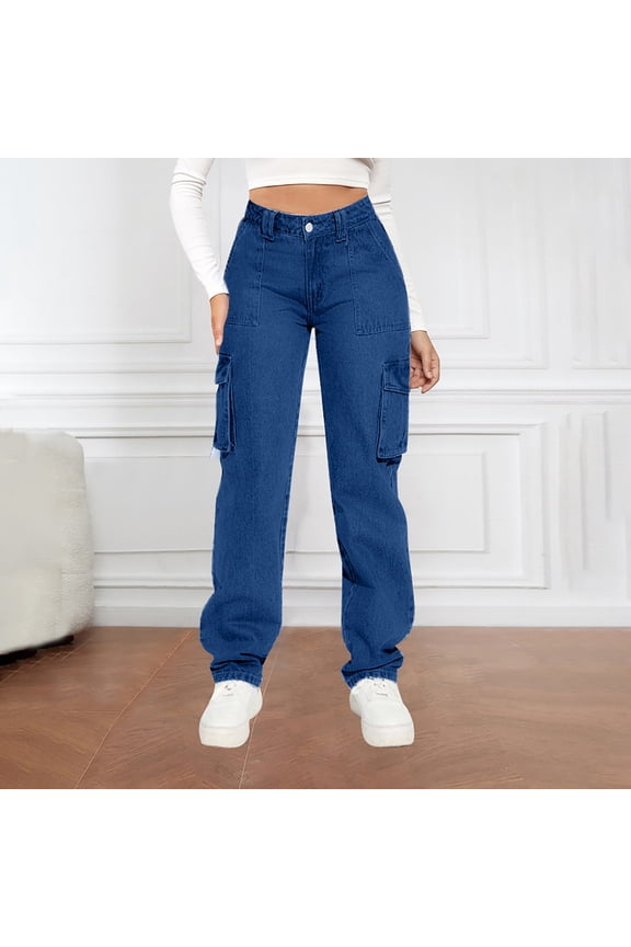 Women's Soft Fabric Mid Waist Straight Leg Work Pants, Functional Pockets, Tummy Control, Casual Denim Style for Office, Daily Commute, Weekend Errands, Comfortable | TruBelle,Blue L