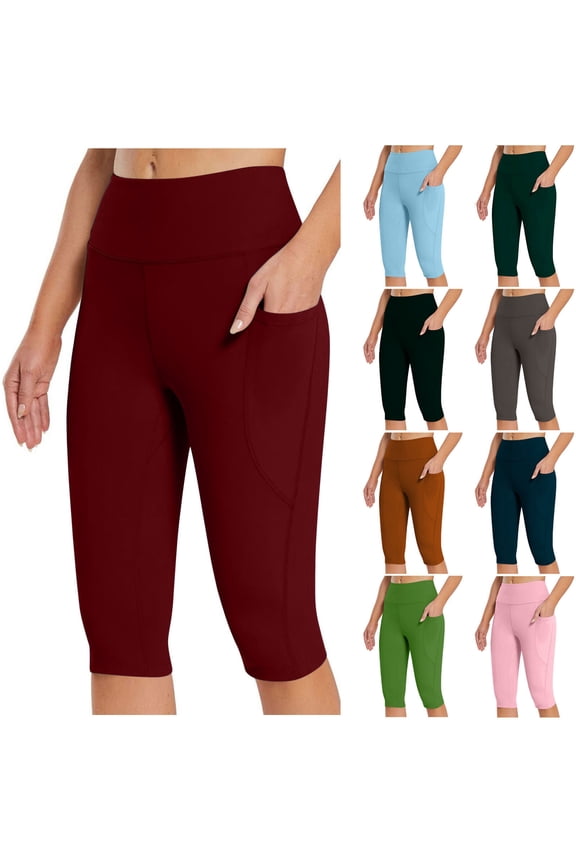 Women's Soft Fabric Mid Waisted Capris, Tummy Control Compression Fit with 2 Side Pockets, for Hiking, Running, Gym & Casual Summer | TruHer,Army Green L