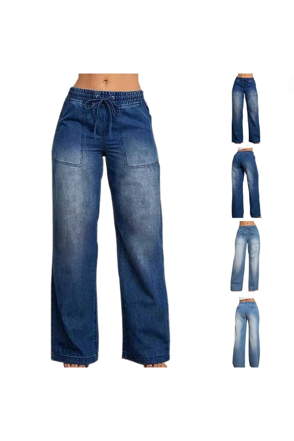 Women's Soft Fabric Mid Waisted Straight Leg Wide Leg Drawstring Pants, Tummy Control Flattering Fit with Functional Pockets, Comfortable Casual Wear for Work Office & | TruBelle,Dark Blue L