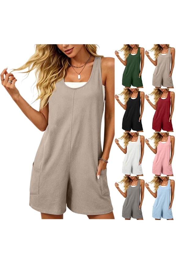 Women's Soft Fabric Round Neck Romper Shorts, Backless Flattering Fit Sleeveless Bodysuit, Functional Double Side Pockets Lightweight Mesh, Summer Beachwear Daily Casual Travel Look, One | Velmuse