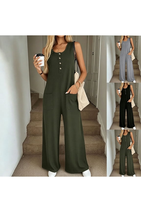 Women's Soft Fabric Round Neck Sleeveless Wide Leg Jumpsuit, Elastic Waist Flattering Fit Stretchy Material, Solid Color Button Front Easy Care, Casual Daily Wear | TruBelle,Army Green L