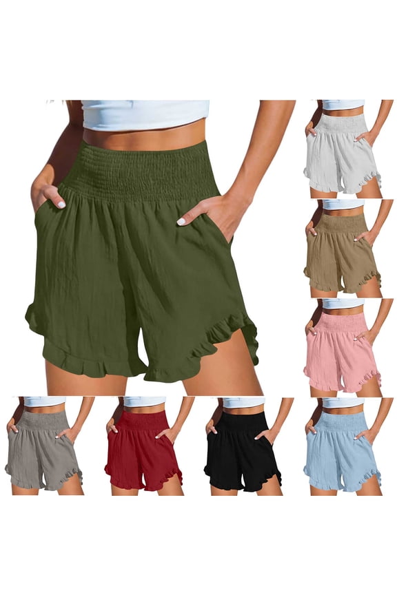 Women's Soft Fabric Ruffled Wrap High-Waist Elastic Waist Pocket Shorts, Flattering Tummy Control A-Line Silhouette, Functional Side Pockets, Quick Dry, Summer Beach | TruBelle,Gray 2XL