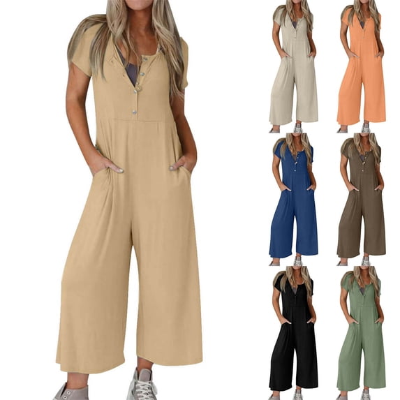 Women's Soft Fabric Short-Sleeved Casual Wide Leg Jumpsuit With Button Pockets, Mid Waist Elastic Waist Flowy Pullover Style, Stretchy Comfortable Easy Care Fabric, | TruBelle,Khaki L
