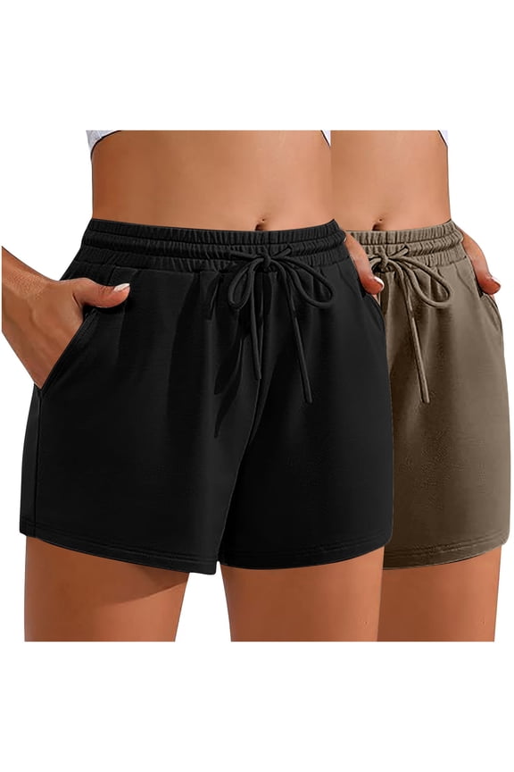 Women's Soft Fabric Sports Shorts Two Pack, Drawstring Elastic Waist Flattering Shape, Functional Side Pockets Lightweight Value Pack Mesh Matrix, Gym Running Fitness Training Workout | Velmuse
