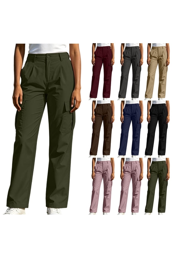 Women's Soft Fabric Straight Leg Cargo Pants, Elastic Waist with Button Zip Features Tummy Control, Stretchy Pull On, Relaxed Fit, Comfortable Daily Wear for Walking, Hiking,
