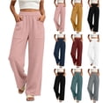 thumbnail image 1 of Women's Soft Fabric Straight Leg Pants with Elastic Waist, Pockets, Casual Business Lounge Travel, Womens Trousers Summer Capris | UKHCCC,Black L, 1 of 8