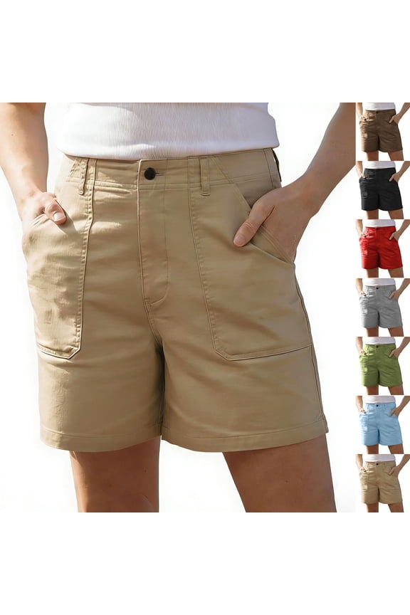 Women's Soft Fabric Twill Plain Shorts with Pockets, Mid Waisted Elastic Waist Pull On Shorts, Body Shaping Casual Bermuda & Capri Shorts for Travel Work Hiking Summer | CSEONE,Black L