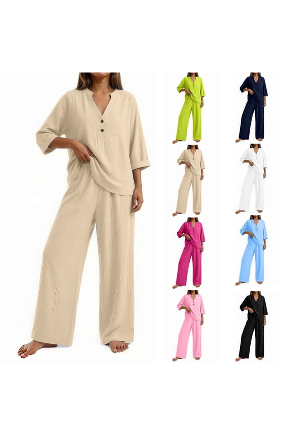 Women's Soft Fabric V Neck Button Down Top, Wide Leg Pant Set, Casual Loose Matching Set For Vacation, Summer Travel, Beach, Daily Wear, Lounge, Comfy Pant Suit | TruHer,Black S