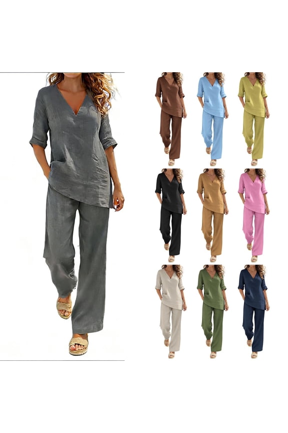 Women's Soft Fabric V-Neck Two Piece Set, Wide Leg Cotton Blend Pants, Relaxed Fit Summer Outfit For Vacation, Travel, Lounge, And Casual Wear, Plus Size | TruHer,Beige L