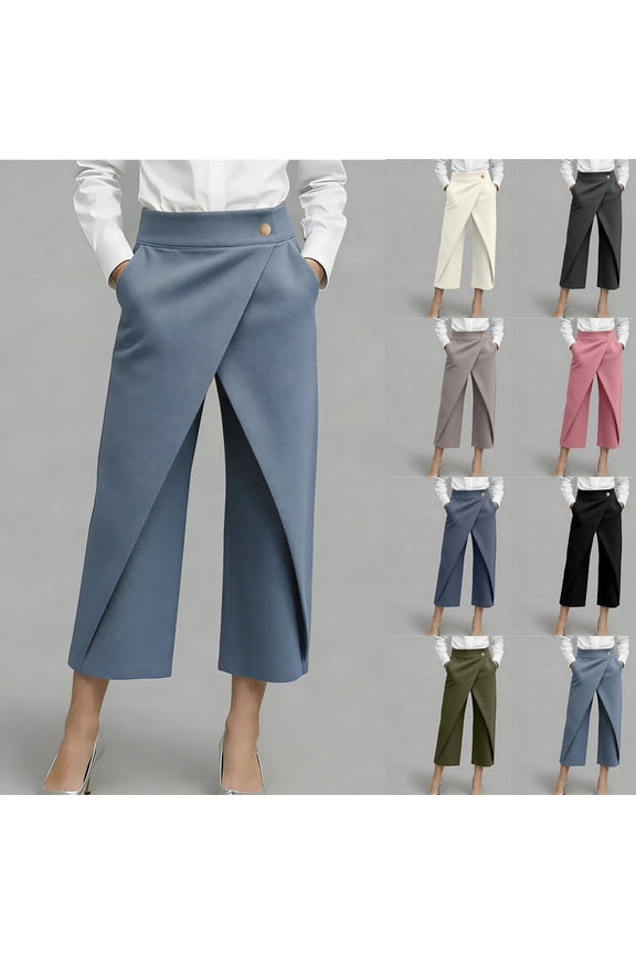 Women's Soft Fabric Wide Leg Cropped Pants with High Elastic Waist, Decorative Buttons, Relaxed Fit, Casual Comfort Loose Trousers for Summer, Office, Daily Wear, Capri Pants