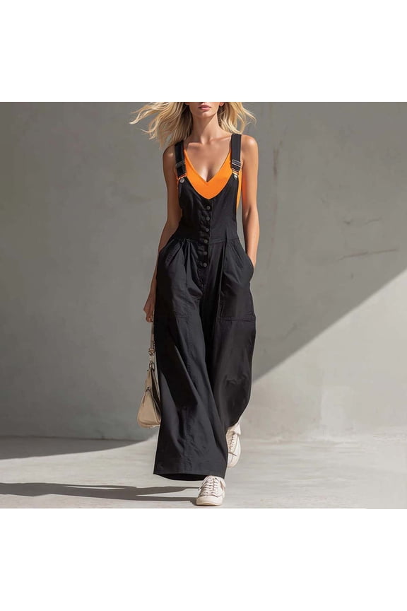 Women's Soft Fabric Wide Leg Overalls Jumpsuit, Adjustable Strap Button Front Casual, Cargo Pockets, Loose Fit Summer Romper for Work Shopping Travel, Comfortable | TruHer,Black M