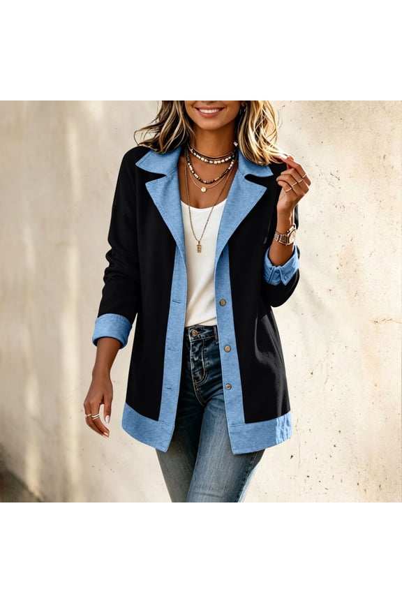 Women's Soft Faux Cotton Shacket Contrast Denim Trim Notch Collar Button Down Loose Sweatshirt Jacket Casual Layering Lightweight Outerwear Black XXL