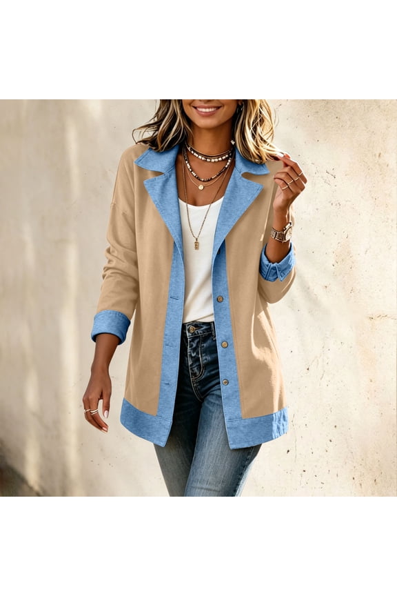Women's Soft Faux Cotton Shacket Contrast Denim Trim Notch Collar Button Down Loose Sweatshirt Jacket Casual Layering Lightweight Outerwear Khaki XXL