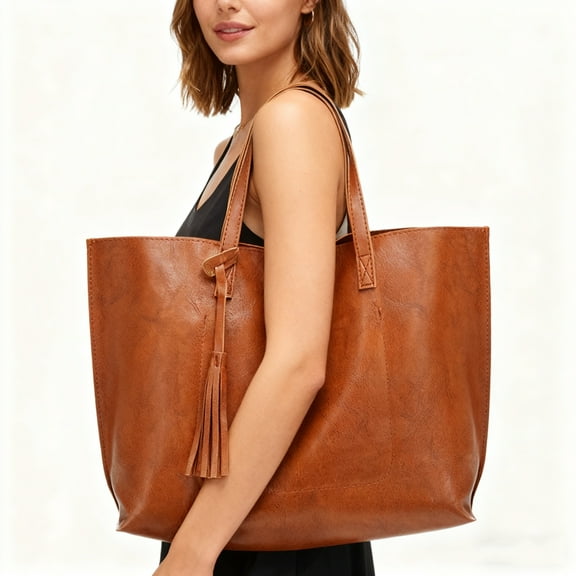 Women's Soft Faux Leather Tote Shoulder Bag (Size 14.1(L) x 11.8 (H) x 4.3 (D) Inches)