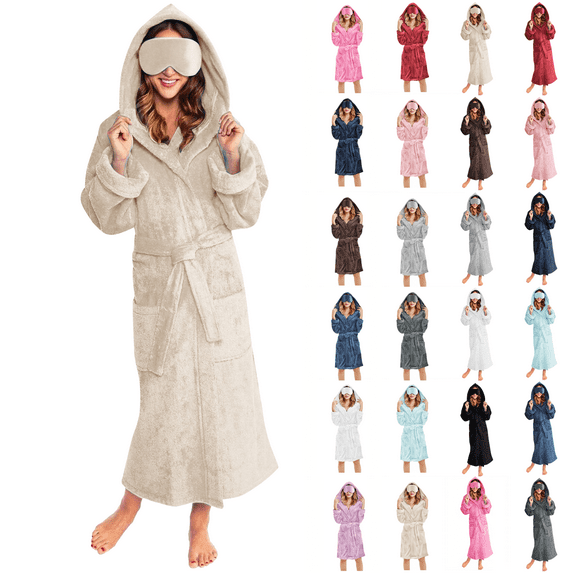 Women's Soft Fleece Hooded Robe Long Sleeve Plush Spa Bathrobe with Pockets Eye Mask Cozy Loungewear Womens Nightgowns Beige L