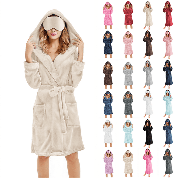 Women's Soft Fleece Hooded Robe Long Sleeve Plush Spa Bathrobe with Pockets Eye Mask Cozy Loungewear Womens Nightgowns Beige XL