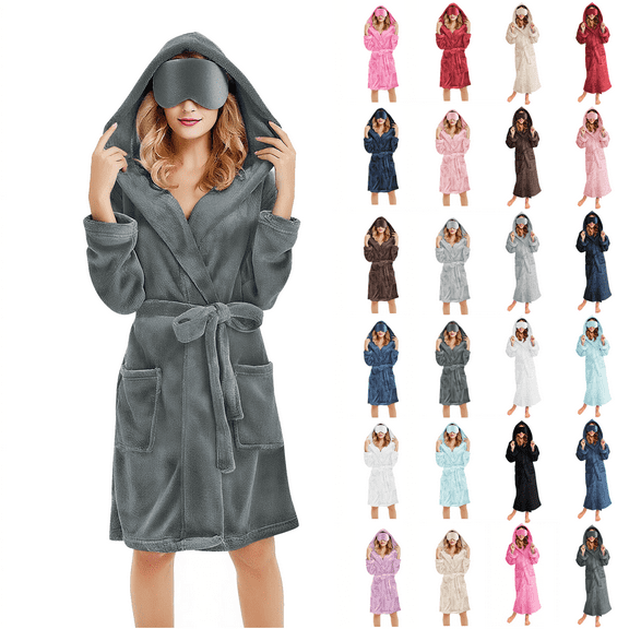 Women's Soft Fleece Hooded Robe Long Sleeve Plush Spa Bathrobe with Pockets Eye Mask Cozy Loungewear Womens Nightgowns Dark Gray S