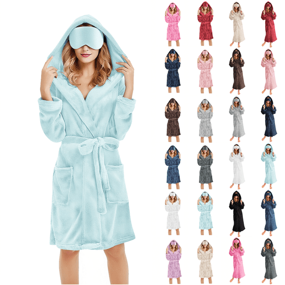 Women's Soft Fleece Hooded Robe Long Sleeve Plush Spa Bathrobe with Pockets Eye Mask Cozy Loungewear Womens Nightgowns Light Blue L