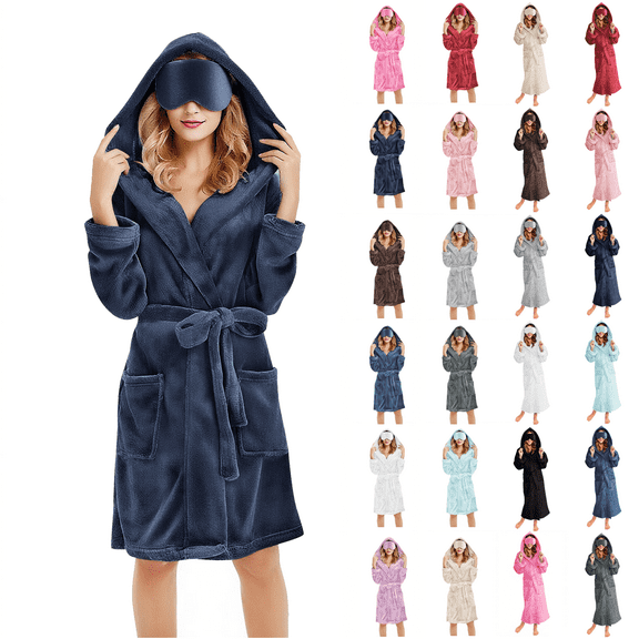 Women's Soft Fleece Hooded Robe Long Sleeve Plush Spa Bathrobe with Pockets Eye Mask Cozy Loungewear Womens Nightgowns Navy L