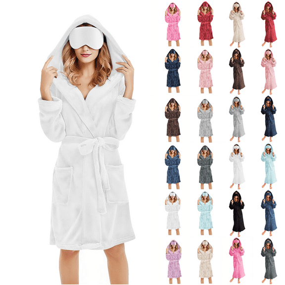Women's Soft Fleece Hooded Robe Long Sleeve Plush Spa Bathrobe with Pockets Eye Mask Cozy Loungewear Womens Nightgowns White XXL