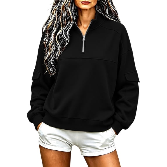 Women's Soft Fleece Lined Half Zip Sweatshirt Oversized Stand Collar Long Sleeve Pullover Tops Casual Fall Winter Street Outerwear Black
