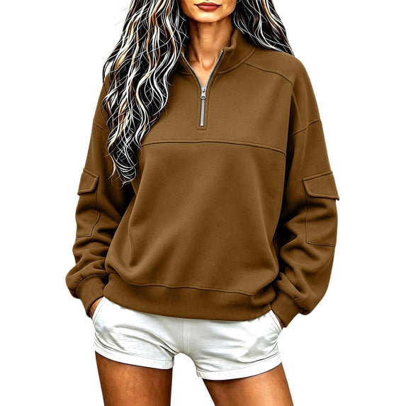 Women's Soft Fleece Lined Half Zip Sweatshirt Oversized Stand Collar Long Sleeve Pullover Tops Casual Fall Winter Street Outerwear Brown