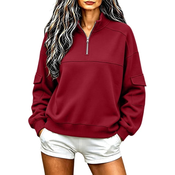 Women's Soft Fleece Lined Half Zip Sweatshirt Oversized Stand Collar Long Sleeve Pullover Tops Casual Fall Winter Street Outerwear Red