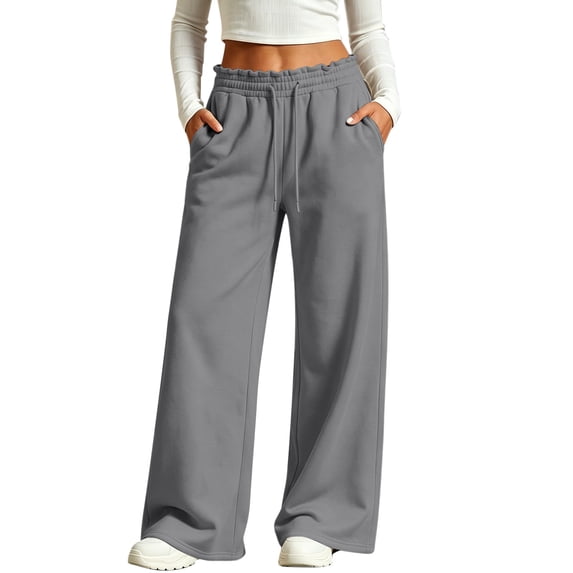 Women's Soft Fleece Lined Sweatpants Drawstring Elastic High Waist Loose Wide Leg Pants Fall Winter Casual Jogger Pants with Pockets Gray