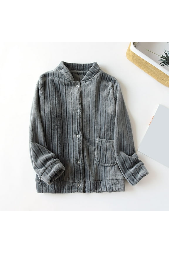 Women 's Soft Fleece Lounge Jacket Casual Striped Long Sleeve Crew Neck Shirts with Pockets Winter Warm Solid Color Button Down Lounge Wear Pajama