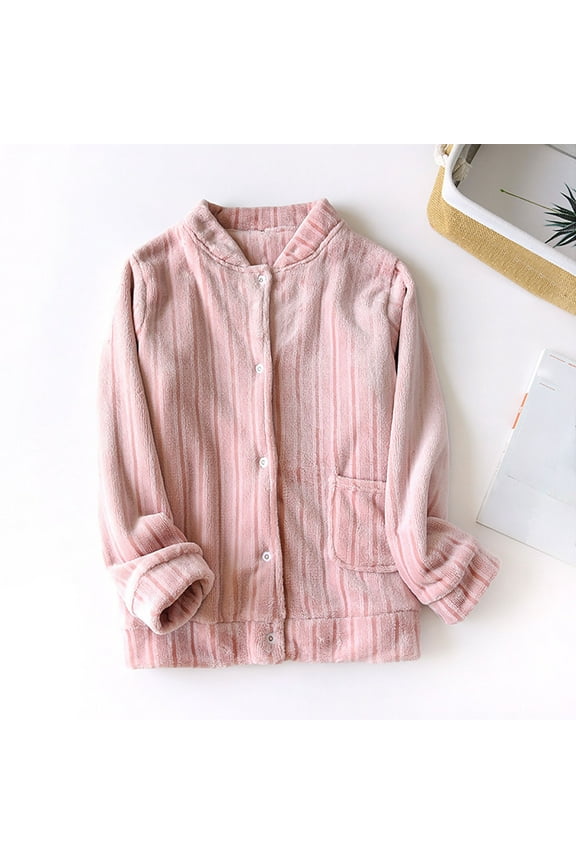 Women 's Soft Fleece Lounge Jacket Casual Striped Long Sleeve Crew Neck Shirts with Pockets Winter Warm Solid Color Button Down Lounge Wear Pajama