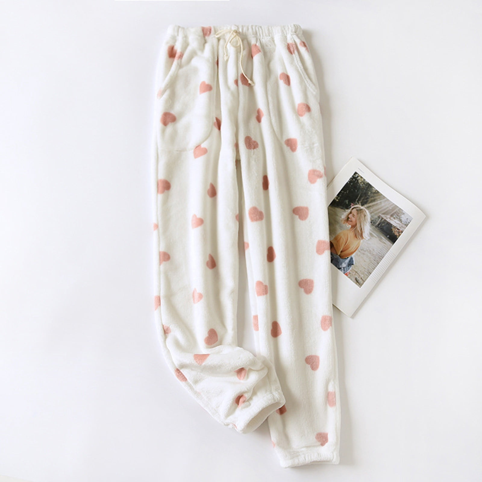Women's Soft Fleece Pajama Pants with Heart Print, Cozy Lounge Wear