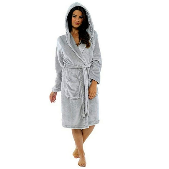 Women's Soft Fleece Robe with Hood, Cozy Winter Bathrobe Hooded Knee Length Loose Sleepwear Loungewear with Pocket New Gray XL