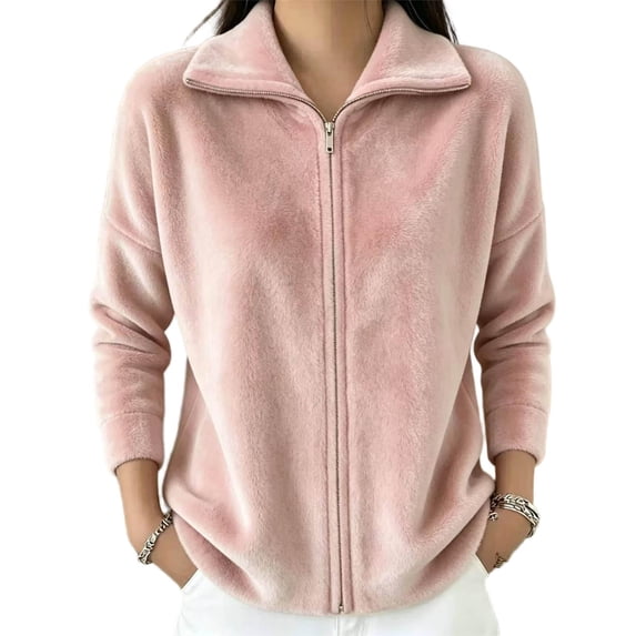 Women's Soft Fleece Zip Up Jacket Stand Collar Long Sleeve Casual Warm Coat Loose Lightweight Fall Winter Casual Outerwear with Pocket Pink