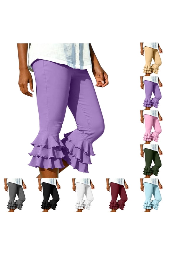 Women's Soft Flowy Ruffle Capris, Elastic Mid Waist Tummy Control Slimming Fit, Side Pockets Quick Dry Breathable, for Yoga Workout Lounge Casual Summer | TruHer,Purple M