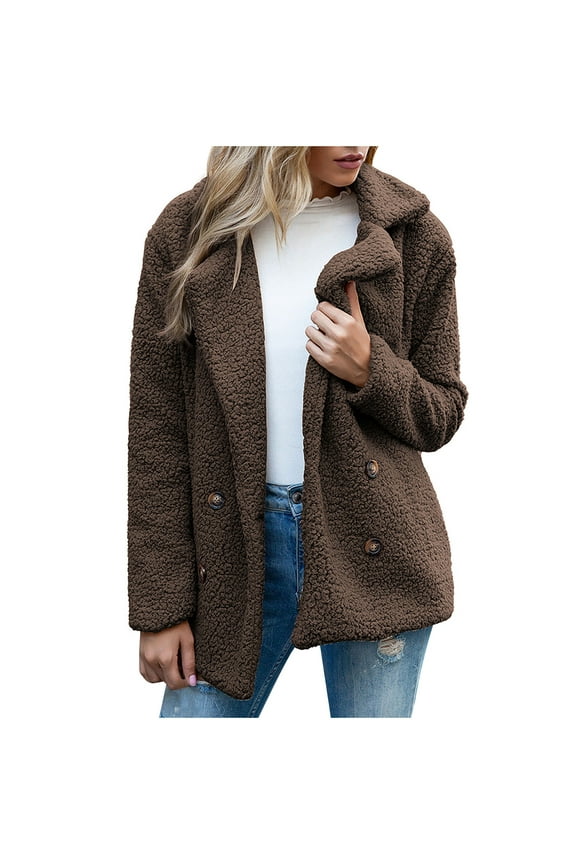 Women's Soft Fluffy Blazer Jacket Lapel Collar Warm Thick Fuzzy Teddy Fleece Casual Double Breasted Jacket
