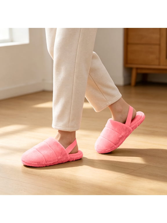 Women's Soft Fuzzy Closed Toe House Slippers With Back Strap, Warm Cozy Slip On Slides, Non Slip Cushioned Sole Indoor Bedroom Footwear For Winter Pink 9
