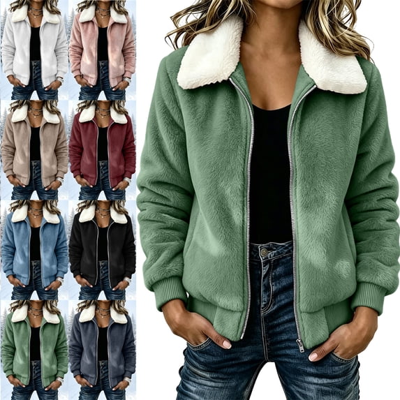Women's Soft Fuzzy Jacket, Stylish Zip Front Fall Winter Outerwear with Sherpa Trim