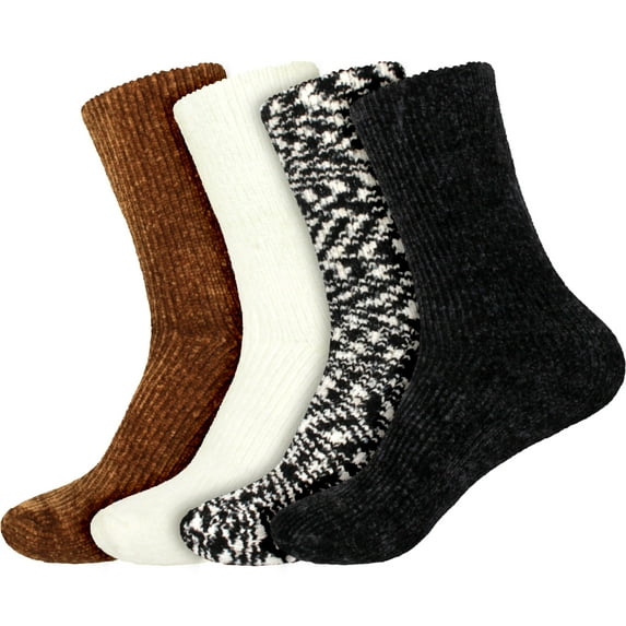 Women's Soft Fuzzy Warm Cozy Winter Casual Vintage Thick Thermal Cabin Knit Slipper Socks - Assortment C - 4 Pairs