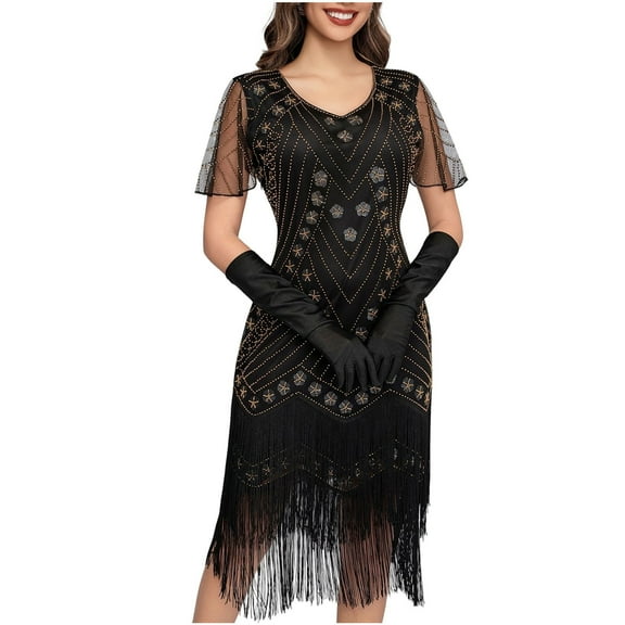 Women's Soft Glam Vintage Sequin Dress - Round Neck Short Sleeves, Muted Sparkle Sequins & Studded Tassels, Flowy Chiffon Overlay, Evening Galas & Banquet Guest Outfits